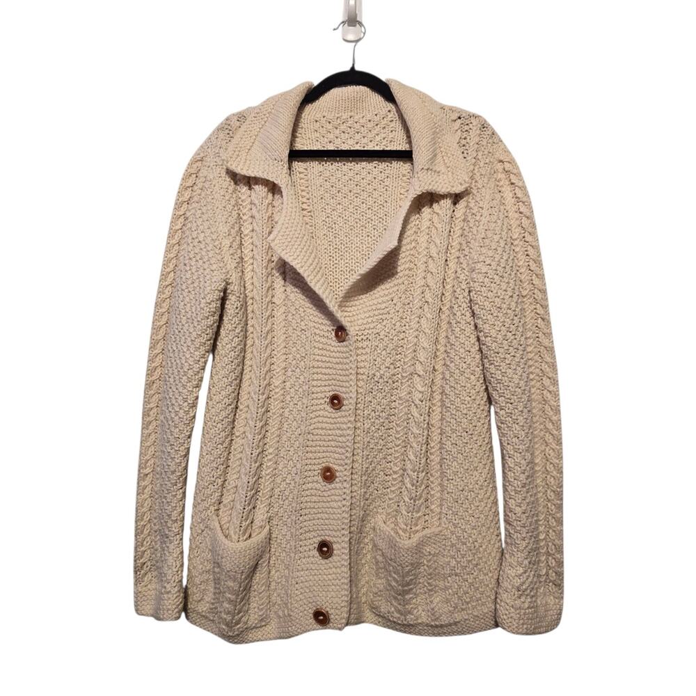 Hand Knitted Wool Cable Knit Cardigan Women L XL Ivory Fisherman Pockets Bespoke